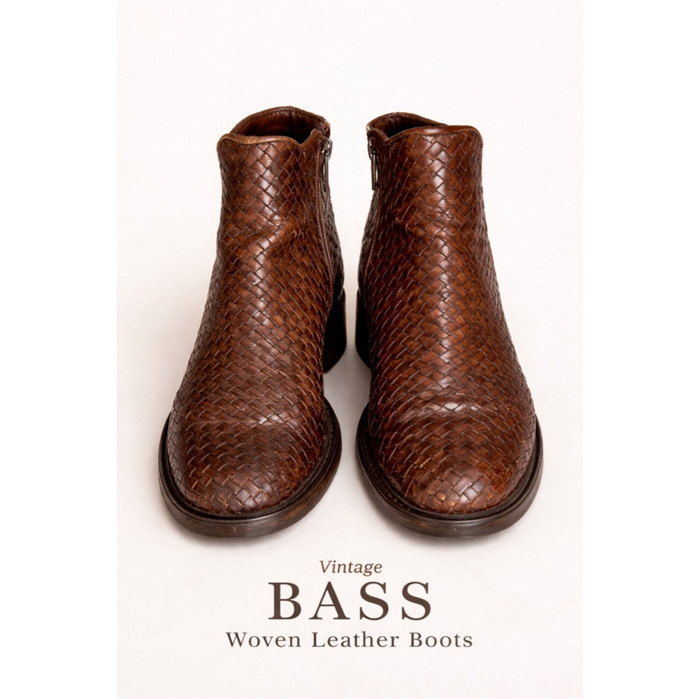 Vintage Bass Woven Leather Ankle Boots Brown Block Heel Size 7.5